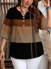 EMERY ROSE Women's Fashion Casual Striped Notched Neck 3/4 Sleeve Shirt - Multicolor - View 6