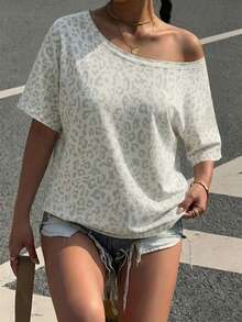 SHEIN EZwear Casual Minimalist All-Over Print Off Shoulder Loose Short Sleeve T-Shirt For Women,Summer Top - Multicolor - View 4