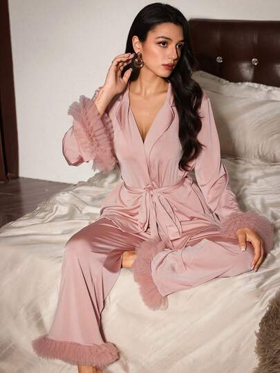 Slumberist Soft Pearlescent Fabric 2 Pieces Loungewear Set For Women, Blazer Lapel Tie-Front Robe Top With Mesh 3D Ruffle Long Sleeve And Wide Leg Pants Pajama Set