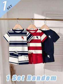 (1 Random Item From 3) Boys' Navy Blue Solid Color Striped Pattern Basic Short Sleeve T-Shirt And Shorts Set Back-To-School Ring Bearer Summer - Multicolor - View 3