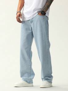Manfinity Homme Men's Plus Size Light Wash Blue Denim Jeans Casual Versatile Long Pants - Light Wash - View 4