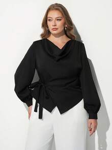 Maija Plus Size Elegant Commuter Solid Color Tie Wrap Blouse - Black - View 3