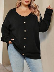 SHEIN CURVE+ Plus Size Women's Solid Color Raglan Sleeve Long Sleeve Casual Loose Knit Cardigan, Autumn/Winter - Black - View 6