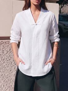 EastFlair Women's Elegant Commute Solid Color Long Sleeve Top - White - View 5