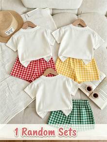 SHEIN 1 Set[Random 3 Sets, Send 1 Set] Young Girl Floral Round Neck Short Sleeve T-Shirt And Shorts Casual Daily Set, Suitable For Summer Fruit Print Theme Girls Plaid Set - Multicolor - View 2