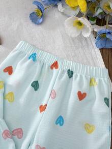 SHEIN Genkimix Kids 歐美風少女夏季心形印花細肩帶上衣 + 寬腿長褲 2件套，紋理泡泡布料，親膚，甜美可愛，適合 4-7 歲女孩，戶外玩樂穿搭首選 - 藍色 - 查看 6
