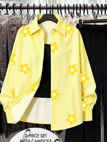 SHEIN 3件套黃色花卉長袖條紋數位印花襯衫、黑色長褲、細肩帶背心，適合春夏外出穿著 - 黃色 - 查看 4