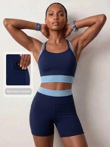 Zivah Women's Colorblock Patchwork Halter Top And Shorts Sports Set - Navy Blue - View 7