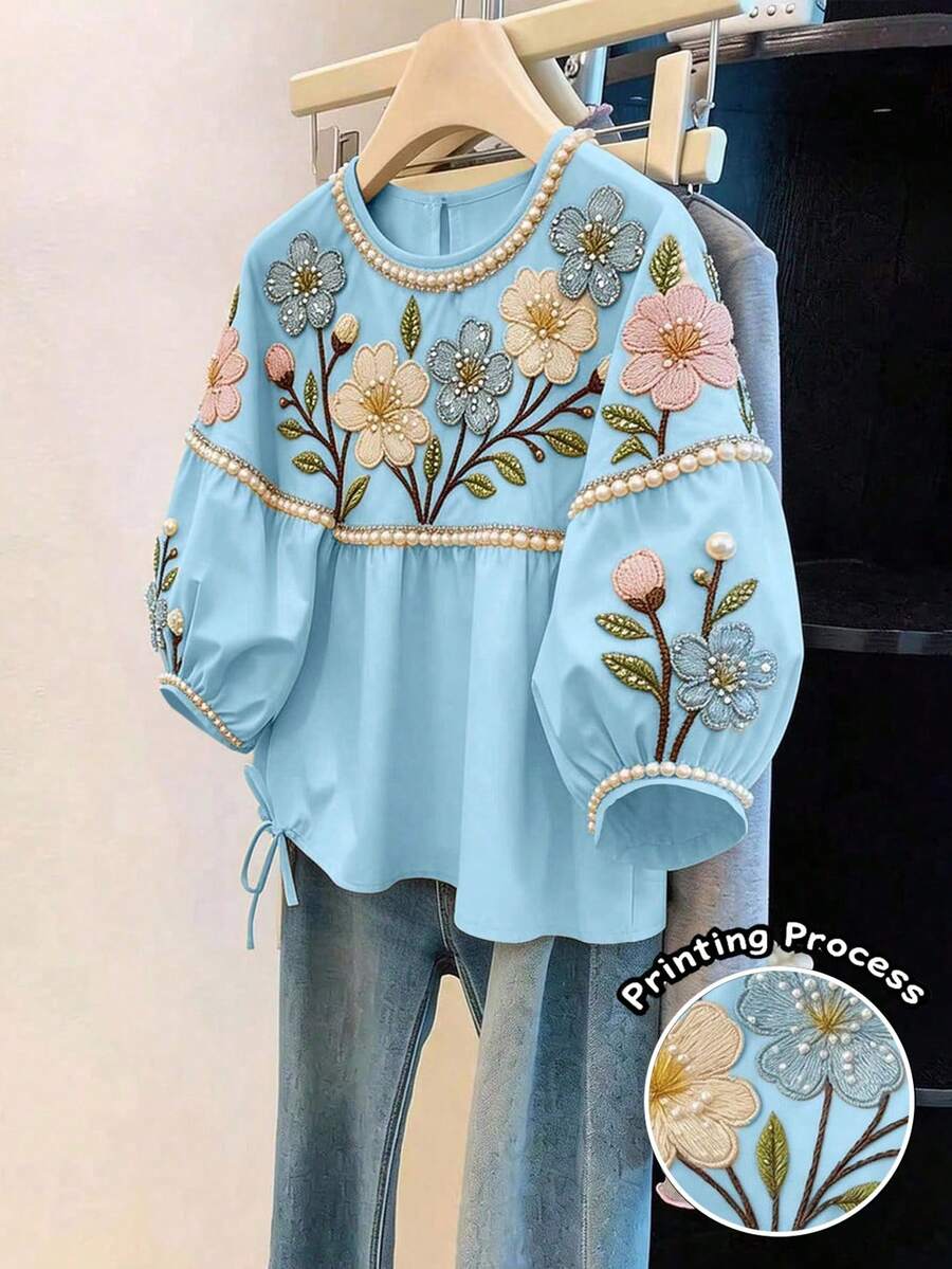 SHEIN Clasi 女款夏季印花多色花卉刺繡珍珠圖案圓領寬鬆休閒浪漫優雅風花園度假藍色花卉 - 藍色 - 查看 1