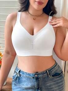 Plus Size Women Seamless Jelly Striped Soft Support Wireless Gather Lingerie Bra Cup - White - View 4