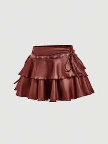 SHEIN MOD 大尺碼女款純色PU皮革時尚百搭迷你裙 秋季 - 紅色 - 查看 7