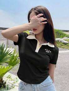 DAZY Letter Graphic Contrast Collar Tee Summer Preppy Tops Cute Tops - Black - View 3