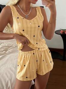 SHEIN Casual Underwear&Sleepwear 女款休閒針織背心與短褲條紋愛心印花睡衣套裝 - 彩色 - 查看 3