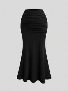 Sweetra Plus Size Women's Soft Matte Solid Color Polka Dot Skirt, High Waist Ruched Design Mermaid Tail Skirt, Body-Hugging Slim Fit Hip-Flattering Concealing Flattering Height-Enhancing Elegant Drape Versatile Skirt, High Waist Ruched Mermaid Tail Skirt, Solid Color Polka Dot Slim Fit Hip-Flattering Skirt - Black and White - View 3