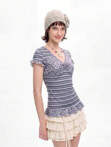 Bloopia Knit Striped Patchwork Grey Leopard Print Short Sleeve Top T-Shirt Summer Y2k Cute Date Night Everyday Autume/Winter Halloween - Multicolor - View 5