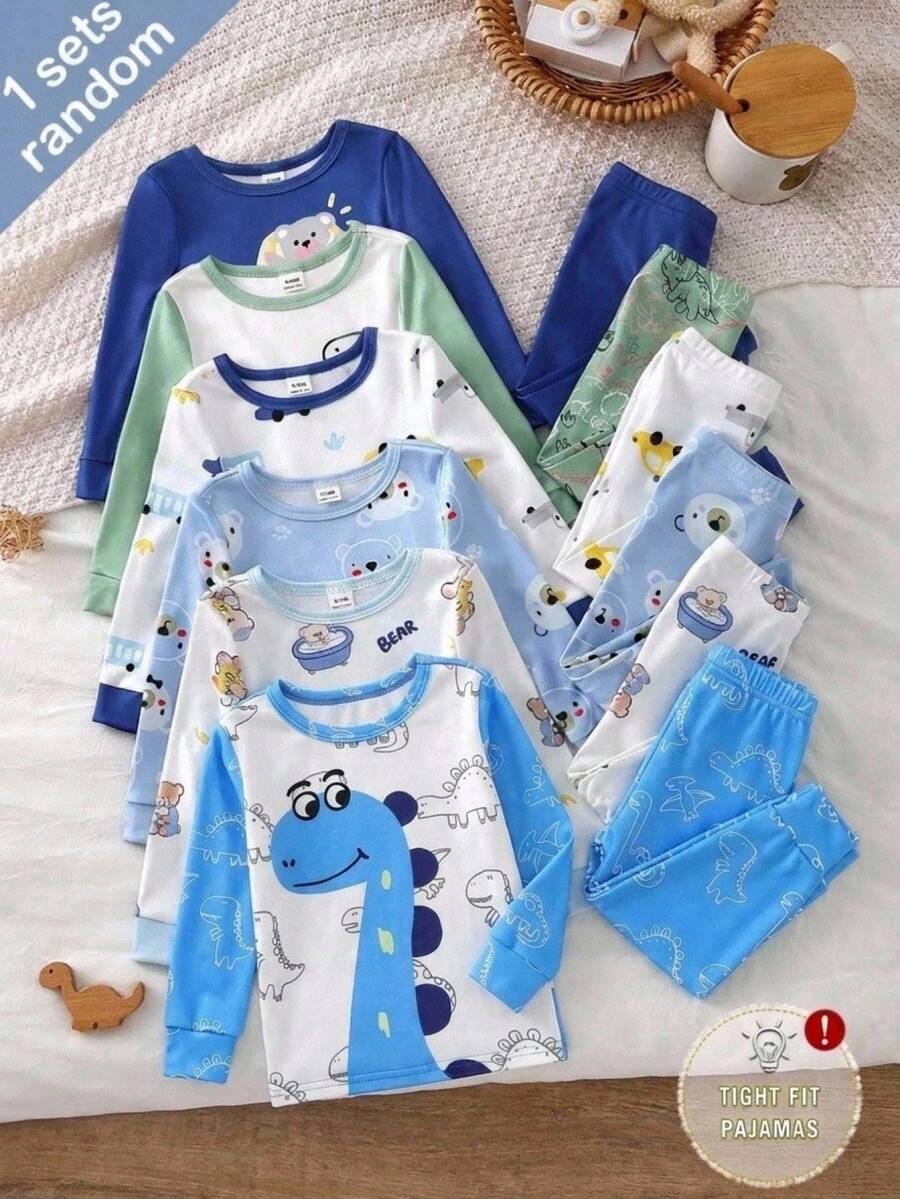 SHEIN 嬰兒幼兒可愛修身長袖恐龍睡衣套裝 - 彩色 - 查看 1