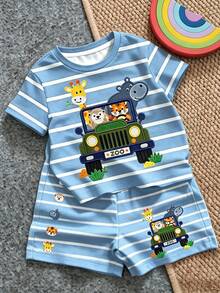SHEIN LMoss Kids 男嬰休閒極簡卡通圖案短袖T恤與短褲套裝，適合夏季 - 彩色 - 查看 1