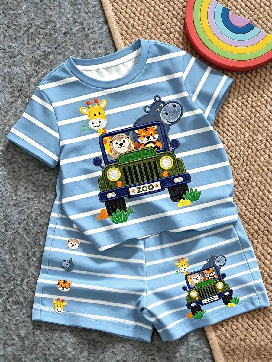 SHEIN LMoss Kids 男嬰休閒極簡卡通圖案短袖T恤與短褲套裝,適合夏季 - 彩色 - 查看 1