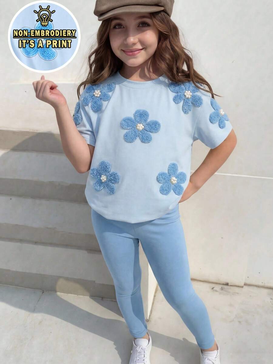 1套青少年女孩淺藍色夏季套裝,可愛花卉圖案短袖T恤與內搭褲套裝,休閒簡約校園穿搭 - 彩色 - 查看 1
