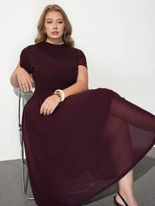 Maija Plus Size Women's Solid Color Short Sleeve Pleated Hem Elegant Dress - Red Violet - View 7