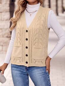 EMERY ROSE Women's V-Neck Single Breasted Pocketed Sleeveless Textured Loose Fit Sweater Vest For Daily - Apricot - View 3
