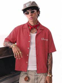 SWAVVY Men's Versatile Plaid Embroidered Single-Breasted Short Sleeve Shirt - Red - View 1