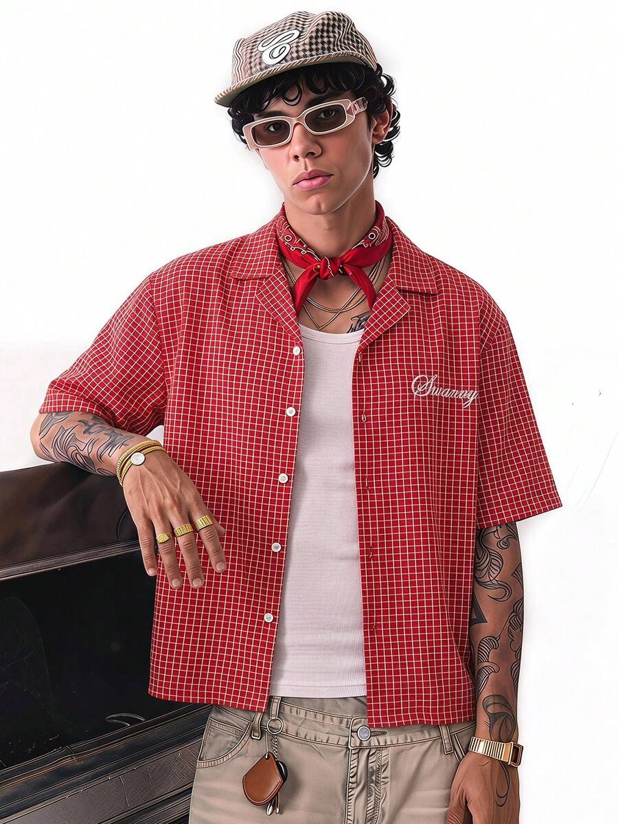 SWAVVY Men's Versatile Plaid Embroidered Single-Breasted Short Sleeve Shirt - Red - View 1