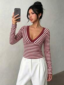 Elenzga Women's Autumn Casual Striped Slim Fit T-Shirt - Burgundy - View 4