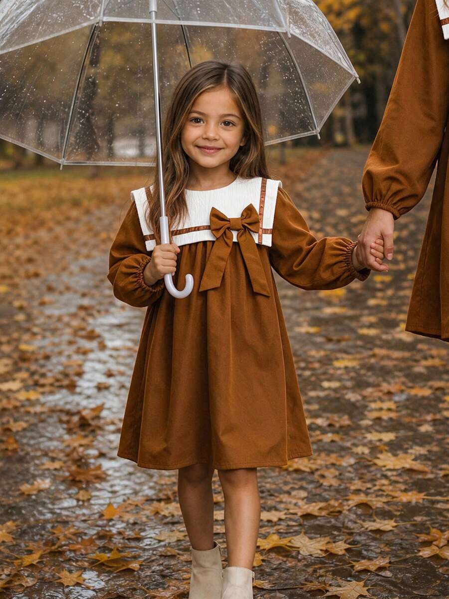 SHEIN Young Girl Woven Contrast Color Peter Pan Collar 3D Bow Casual Dress - Khaki - View 1