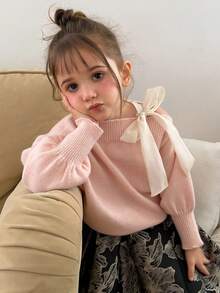 Dazy Kids Young Girl Autumn/Winter Elegant Asymmetrical Collar Tie Sweater - Pink - View 8