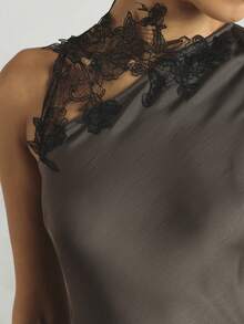 KSTM Satin Maxi Dress With Black Floral Lace Applique Neckline Sleeveless Bodycon Front Slit Evening Gown - Grey - View 5