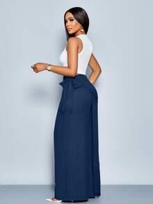 SOLERSUN Women's Linen-Like Belted High Waist Linen-Blend Tie Side Belted Wide Leg Pants Office Tea Party Navy Blue Autumn Casual Elegant - Navy Blue - View 2
