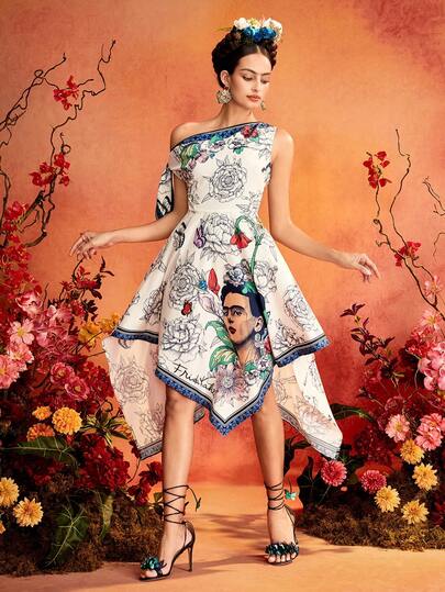 Glamance Frida Kahlo X SHEIN Floral Portrait Print Cold Shoulder Tie-Up Asymmetrical Hem Maxi Dress, Elegant Mature Casual Sexy For Outings, Work, Office, Daily Wear, Gatherings, Parties, Birthdays, Vacations, Middle East Travel, Beach, Swimwear, Bohemian Style, Day Of The Dead, Halloween, Back To School, Independence Day, Our Lady Of Guadalupe, Summer