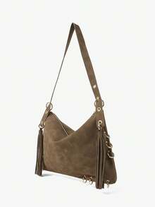 Viva Strut Ladies Bag, Y2K Punk Retro Bag, Metal Ring Decoration, Fringed Decoration, Bohemian  Handbag, Suitable For Campus, Shopping, Festivals, Commuting - Coffee Brown - View 4