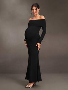 SHEIN Black French Style Cold Shoulder Maternity Long Dress, Slim Fit Elastic Knit Fabric, Exposed Shoulder Long Sleeve Photoshoot Formal Fall Elegant - Black - View 1