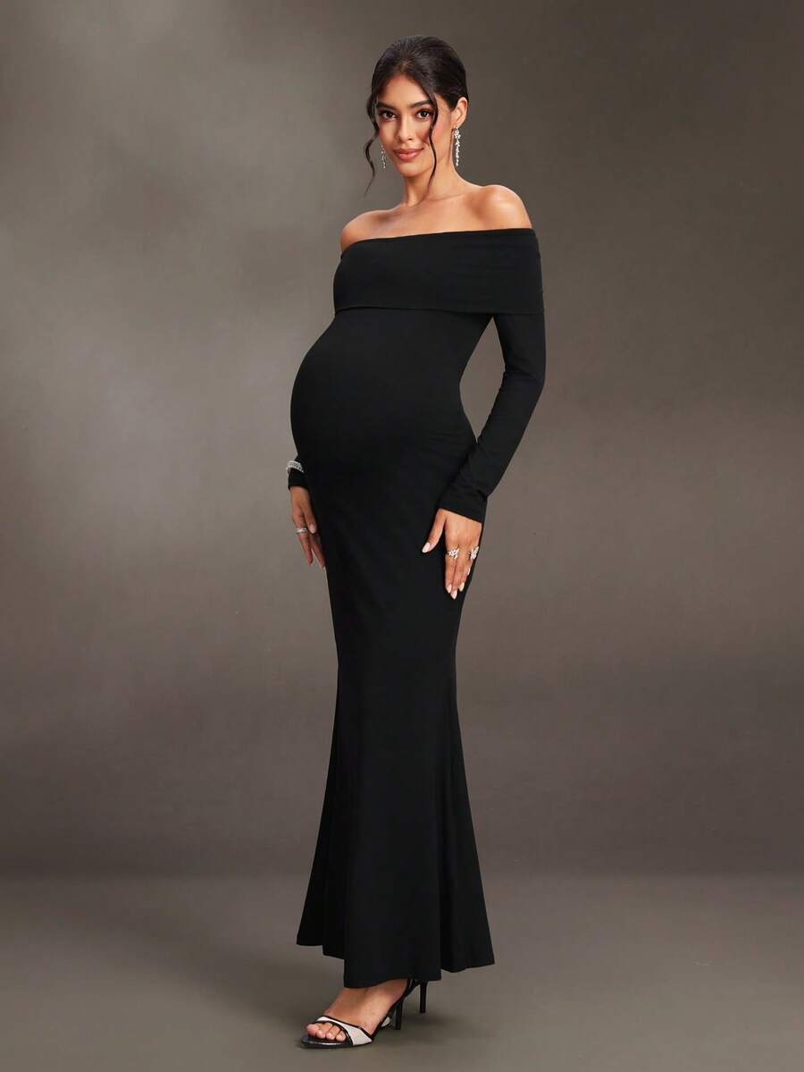 SHEIN Black French Style Cold Shoulder Maternity Long Dress, Slim Fit Elastic Knit Fabric, Exposed Shoulder Long Sleeve Photoshoot Formal Fall Elegant - Black - View 1