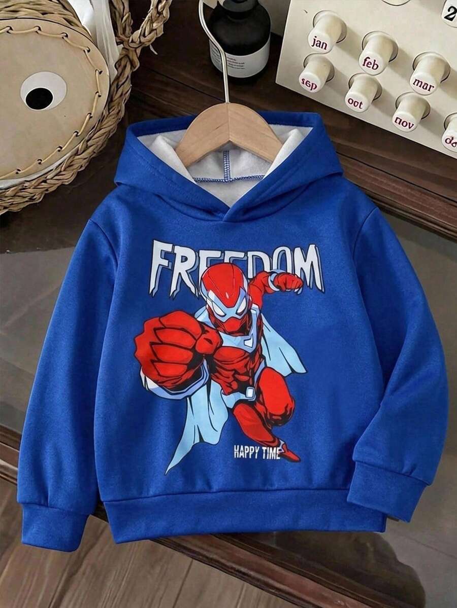 SHEIN 兒童小男孩休閒酷帥超級英雄圖案運動衫，適合秋冬穿著，適用日常穿搭、運動、外出、上學、派對、節慶、拍照