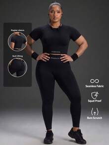 Powerista Women's Plus Size  Summer Gym And Workout Athletic Withe Letter Print Short Sleeve Top And High Waist Leggings Sport Set Casual Daily Sports Outfit - Black - View 1