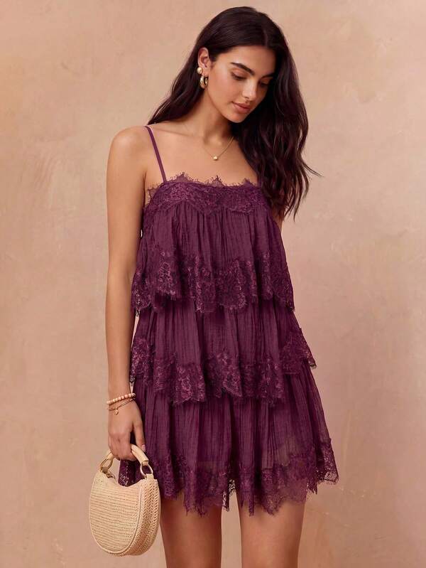 Enchnt Women's French Sweet Boho Elegant Lace Patchwork Camisole Dress Vacation Party Dark Purple Summer