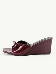 CUCCOO CHICEST Women's Shoes Three-Dimensional Bow Square Toe Wedge Heel Elegant Commuting Burgundy PU Leather Women's Wedge Heel Platform Sandals Dating Vacation - Burgundy - View 5