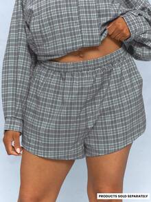 MUSERA Plus Size Cheque Print Shorts Summer Vacation Holiday Elegant Casual Girly Everyday Cute Soft Social Brunch Grey Club - Multicolor - View 1