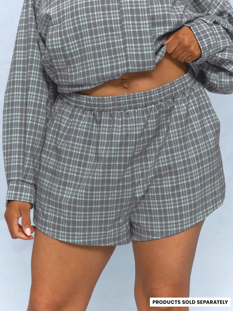 MUSERA Plus Size Cheque Print Shorts Summer Vacation Holiday Elegant Casual Girly Everyday Cute Soft Social Brunch Grey Club - Multicolor - View 1