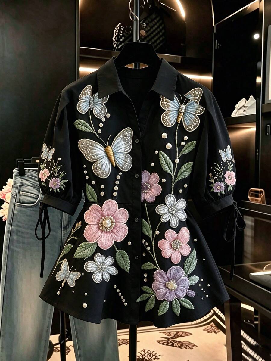 Franclia 優雅短袖女款上衣襯衫,修身顯腰線,遮腹花瓣袖上衣 - 黑色 - 查看 1