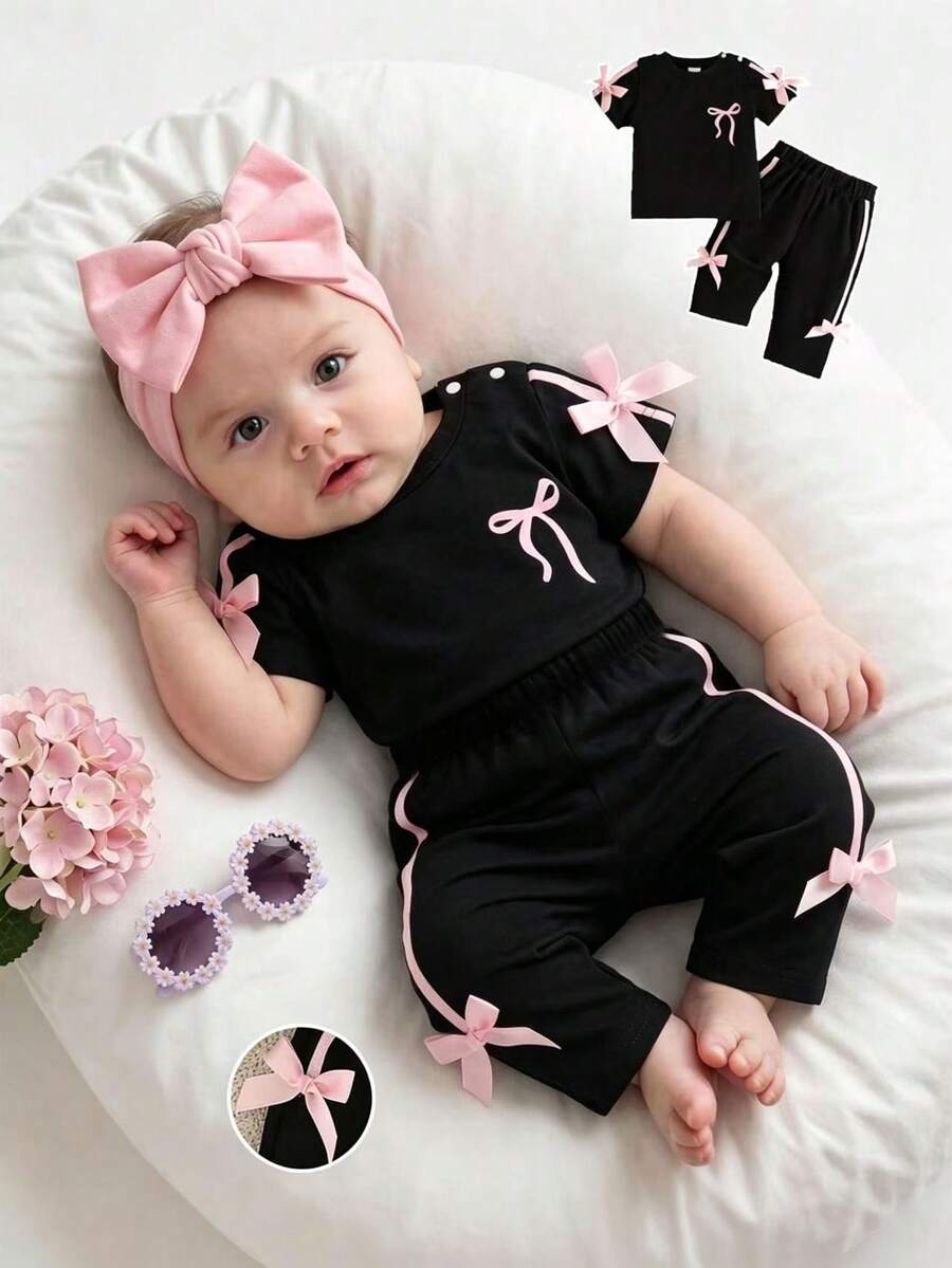 SHEIN 新生女嬰粉黑時尚套裝 短袖上衣附3D蝴蝶結 可愛套裝 0-9個月嬰兒適用