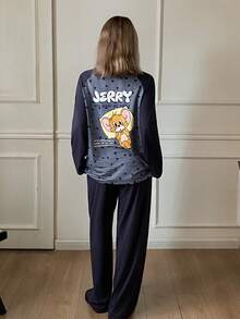 TOM AND JERRY X DAZY Bộ đồ ngủ nữ dáng rộng tay raglan, phối vải patchwork màu tương phản, họa tiết hoạt hình kẻ sọc và chấm bi, cho mùa Thu/Đông - Màu xanh lam - Xem 3