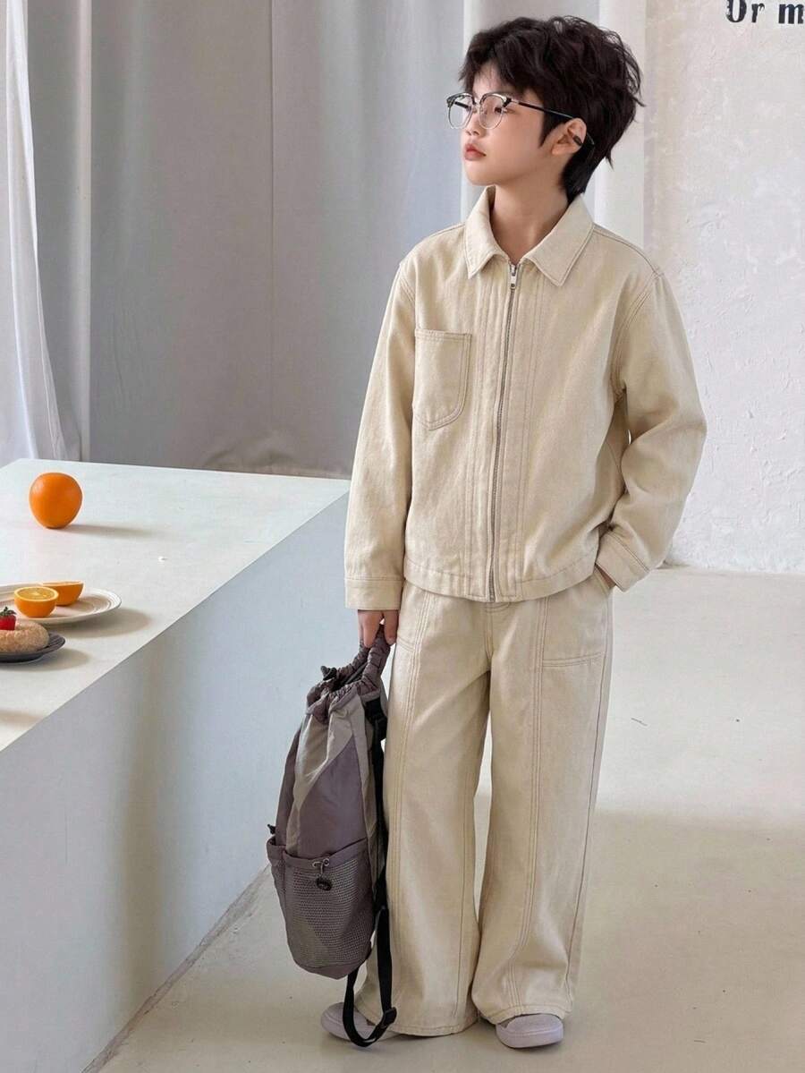 DAZY Boys (Big) Lapel Straight Loose Casual Top + Straight Leg Denim Jeans 2 Pieces Set Denim Outfit Fall - Apricot - View 1