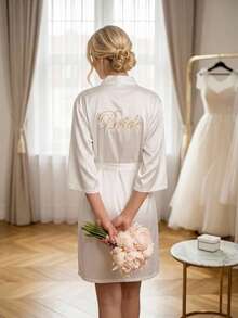 Cirelle 1pc Satin Bride Robe With Gold Embroidery - Soft Silk Kimono Bridal Robe For Women - Short White Bathrobe Loungewear For Wedding Day, Bridal Party & Getting Ready - White - View 1