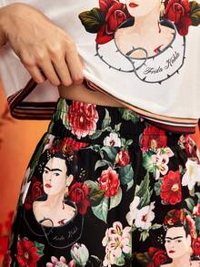 Glamance Frida Kahlo X SHEIN Portrait & Floral Print White Short Sleeve Cropped Loose Fit T-Shirt And Elastic Waist Shorts, Elegant Mature Cute Casual Sexy Outfit For Going Out, Work, Office, Daily Wear, Party, Birthday, Vacation, Middle East Travel, Beach, Swimwear, , Night Out, Bohemian, Back To School, Summer - White - View 5