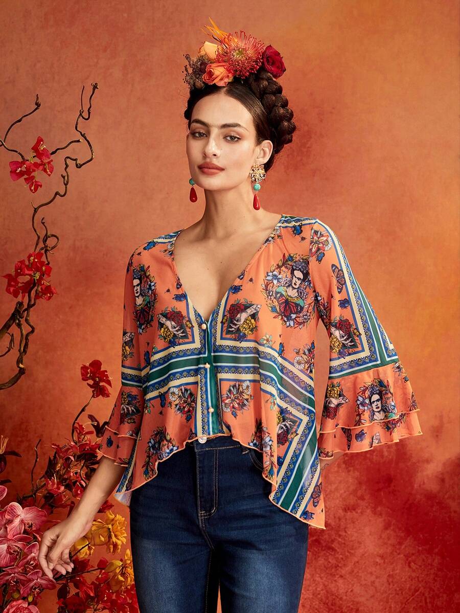 Glamance Frida Kahlo X SHEIN 肖像花卉色塊絲巾對稱圖案印花深V領荷葉邊袖口寬鬆短版上衣 腰臀比優雅成熟休閒性感 外出上班辦公室日常聚會派對生日度假中東旅行海灘泳裝波西米亞夏季 - 彩色 - 查看 1
