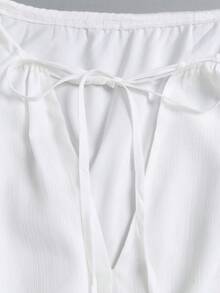 Sweetra Romantic Cute Soft Minimalist Sexy White Chiffon Dress, Round Neck, Drawstring Tie, Loose Lantern Sleeves, Asymmetrical Ruffle, Vacation Autumn - White - View 4